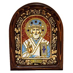 Saint Nicholas the Wonderworker Hand Beaded Icon Wood Frame Natural Stones