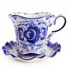 Bell Flower Teacup and Saucer Blue and White Porcelain Gzhel