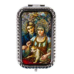 Couple with Cat Metal Compact Mirror 