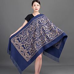 Cashew Flowers Navy Blue Scarf with Embroidery