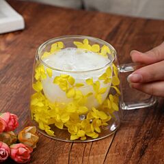 Yellow Floating Flowers Double Walled Glass Mug