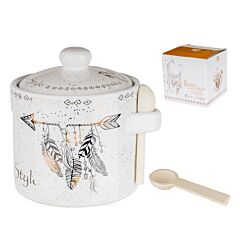 Boho Style Ceramic Honey Jar with Lid and Wooden Spoon
