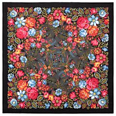 Classic Black & Red Florals Pavlovo Posad Wool Shawl
