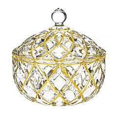 Lisboa Bohemian Style Hand-painted Golden Rhombuses Glass Serving Bowl With Lid