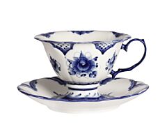Moring Petals Teacup and Saucer Blue and White Gzhel Porcelain 