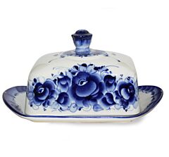 Rectangular Butter Dish Blue and White Gzhel Porcelain 