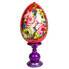 Handpainted Red Lacquer Wooden Egg on Stand Zhostovo Style