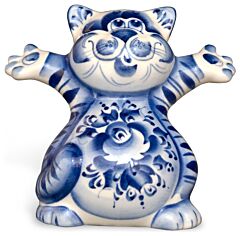 Blue and White Gzhel Porcelain Kind Cat Figurine