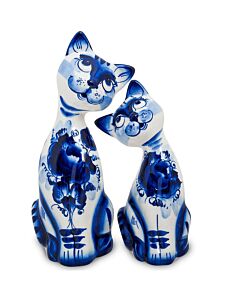 Lovely Porcelain Cat Couple Figurine Blue and White Gzhel 