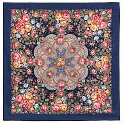 Fringeless Midnight Rose Pavlovo Posad Woolen Shawl 