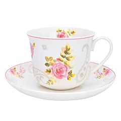 Large Teacup with Saucer Bone China English Rose in Gift Box