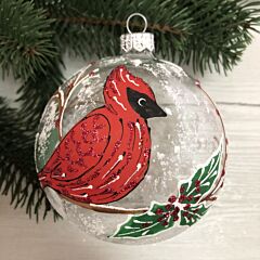 Frosted Holly with Red Cardinal Hand-Painted 360° Glass Christmas Ornament | Gift-Boxed