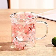 Double Wall Glass Cup with Dried Flowers in Light Pink