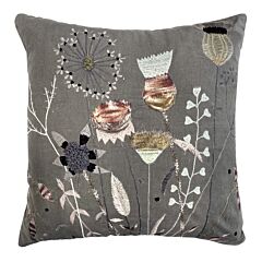 Forest Blooms Gray and Green Cotton Embroidered Square Decorative Pillow