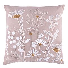 Beige Flowers Cotton Embroidered Square Decorative Pillow 