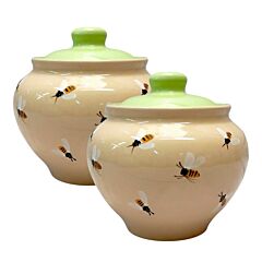 Bee Hand Painted Clay Stoneware Baking Pot with Lid Set of 2