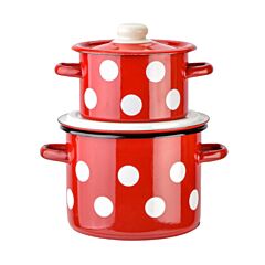 Red White Polka Dot Cylindrical Enamel Pot Set of 2