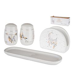Boho Style Ceramic Salt and Pepper Shaker Set with Napkin Holder and Tray