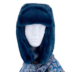 Dark Blue Faux Rabbit Fur Russian Ear Flap Hat with Clasp (Ushanka)