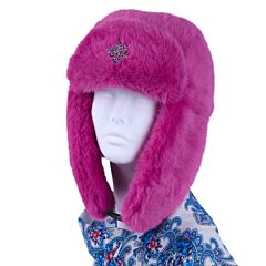 Raspberry Pink Faux Rabbit Fur Ear Flap Hat with Clasp (Ushanka) with Brooch