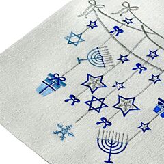 White Textile Table Runner with Blue Hanukkah Embroidery