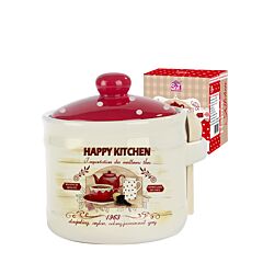 Happy Kitchen Ceramic Honey Jar with Lid and Wooden Spoon
