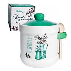Teal Cottagecore Ceramic Honey Jar with Lid and Wooden Spoon