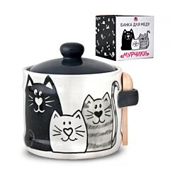Kittens Ceramic Honey Jar with Lid and Wooden Spoon