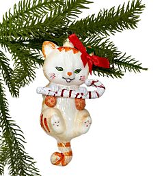 Cat with Candy Cane Glass Christmas Tree Ornament
