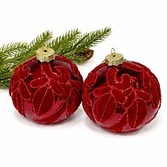 Velvet Leaves Deep Burgundy Glass Christmas Ornament | 360° Holiday Design Set of 2