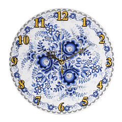 Blue and White Florals Round Wooden Wall Clock