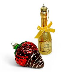 Champagne and Strawberries Glass Christmas Ornament Set of 2