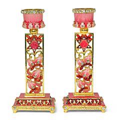 Handcrafted Jeweled Pink Pomegranate Shabbat Candlestick Holders set of 2