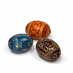 Blue, Brown and Orange Handpainted Wooden Egg Set of 3