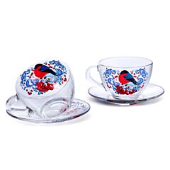 Bullfinches Glass Tea Cup and Saucer Set of 2