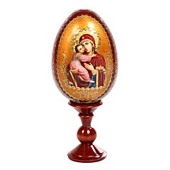 Our Lady of Vladimir Handmade Wooden Lacquer Icon Egg on Stand