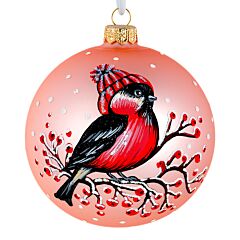 Bullfinch in Hat Glass Christmas Tree Ornament