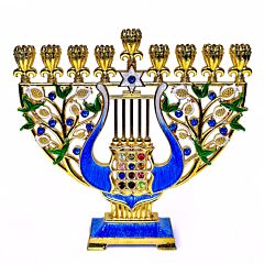 Handcrafted Jeweled Harp Hanukkah Menorah in Gift Box