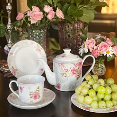 English Rose Bone China Tea Set of 3 for 1 pers. with Complimentary Kitchen Towel