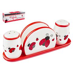 Ladybug Ceramic Salt and Pepper Shaker Set with Napkin Holder and Tray