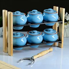 Blue Stoneware Pot Set of 6 with Oven Fork and Wooden Shelf