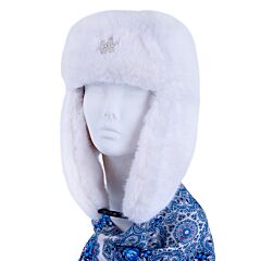 White Faux Rabbit Fur Ear Flap Hat with Clasp (Ushanka) with Brooch