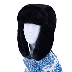 Black Faux Rabbit Fur Russian Ear Flap Hat with Clasp (Ushanka)