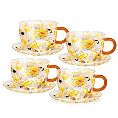 Honey Bee Heat-Resistant Glass Teacup and Saucer Set of 4