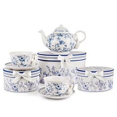 Vintage Blue Flowers Bone China Tea Set for 2 in Gift Box