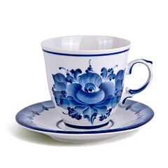 Florals Mug and Saucer Blue and White Gzhel Porcelain 