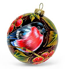 Collectible Hand-Painted Glass Ornament –Burgundy Bullfinch on Rowan Tree | Premium 360° Holiday Design