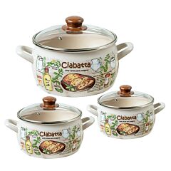 Ciabatta Enamel Casserole Set of 3 with Glass Lids