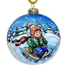Collectible Hand-Painted Glass Ornament – Boy on Sled | Premium Holiday Design