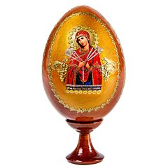 Seven Arrows Theotokos Handmade Wooden Lacquer Icon Egg on Stand